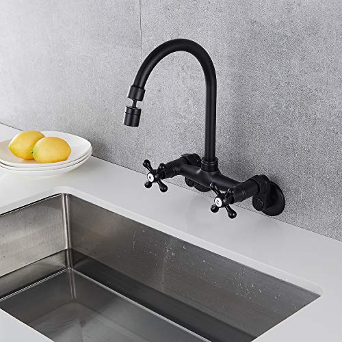 Matte Black Wall Mount Kitchen Sink Faucet 6 Inch Center Mixer Tap 360 Degree Swivel Spout Double Cross Handle