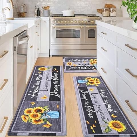 Likiyol Kitchen Mats for Floor Sunflower Kitchen Rugs Anti Fatigue Farmhouse Floral Non Slip Kitchen Rugs and Mats Washable Kitchen Floor Mat for Sink,Home, 18" x 30" + 18" x 48" + 18" x 60", Black Cover