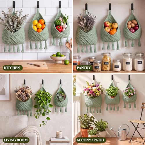 Image of Honeydak 3 Hanging Baskets, Sage Green, Triangular Tassel, Jute