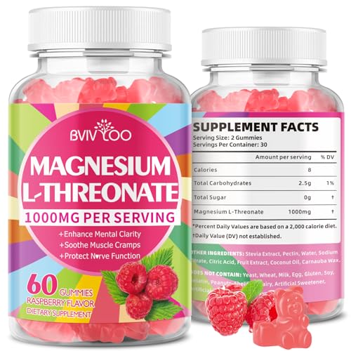 1000mg Magnesium L-Threonate Gummies for Adults - Muscle & Nervous System Support Vegan Sugar-Free Raspberry Flavor 60 Gummies