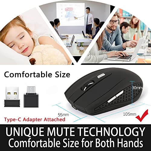 Kasott Bluetooth Wireless Mouse, 2.4G Ergonomic Wireless Computer Mouse With 2500 Adjustable Dpi, 6 Buttons Cordless Silent Mouse With Usb Receiver And Type C Adapter For Laptop Pc Mac Macbook (Black) #TOP4