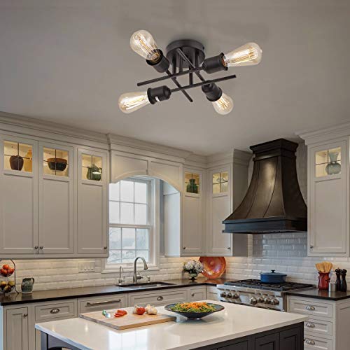 PUSU Kitchen Light Fixture,Industrial Close to Ceiling Light Fixtures,Black Semi Flush Mount Ceiling Light,Vintage Metal Ceiling Lamp,for Entryway Bedroom Living Room Dining Room Balcony