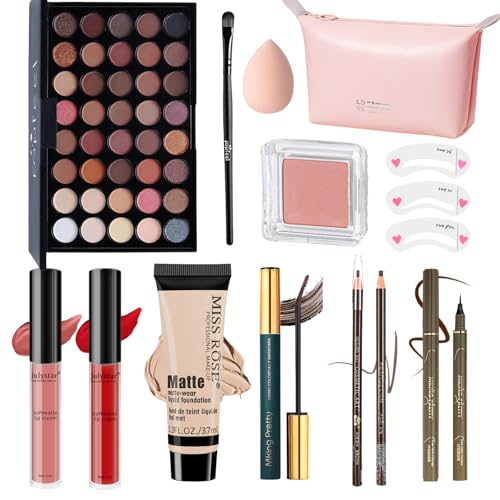All in One Makeup Kit - Makeup Kit for Women - Travel Portable Makeup Set for Beginners - Makeup Essential Bundle Include Foundation Eyeshadow Palette Lipstick Eyeliner Mascara Cosmetic Brush Set Gift