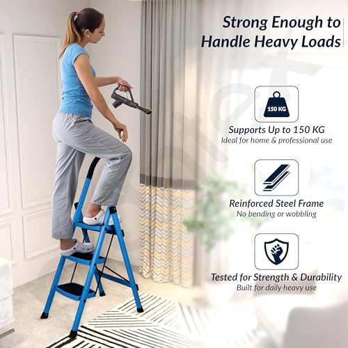 Image of Plantex Premium 3 Step Steel Ladder for Home /Heavy Duty Foldable Stool with Wide Anti-Skid Steps /Portable Multipurpose Ladder /5 Year Warranty (Blue & Black)