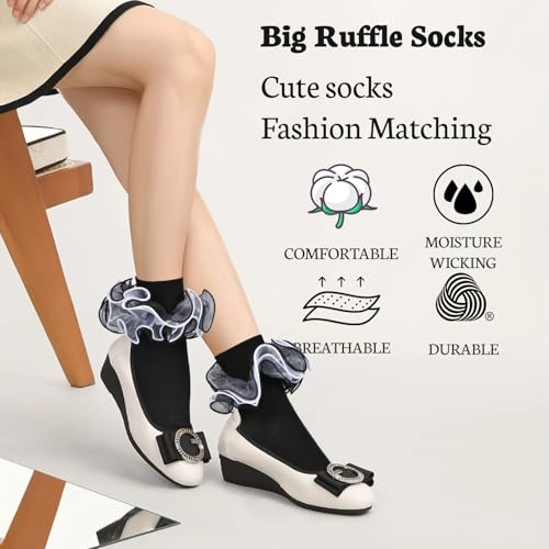 Image of Women White Ruffle Socks Turn Cuff, Double Lace Ankle Socks Cotton Lace Frilly for Ladies(Size 6-11, 3 Pairs)