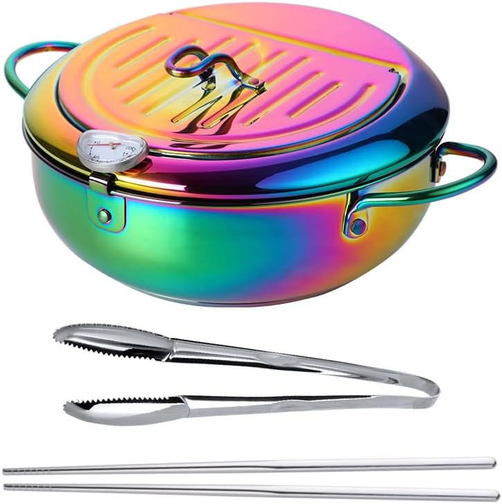 Olla de acero inoxidable 304, olla tempura de 3.2L2.8 cuartos de galón con tapa de termómetro y escurridor de aceite, olla japonesa para cocina,