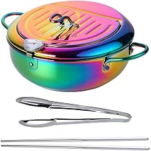304 Stainless Steel Fryer Pot, 3.2L/2.8Qt Tempura Frying Pot with Thermometer Lid And Oil Drip Drainer Rack, Japaness Deep Fry Pot for Kitchen Chrips Fish etc, Dishwasher Safe, Rainbow