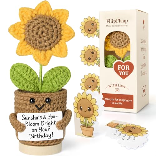 Funny Sunflower Birthday Gift β Handmade Crochet Plush with 30 Sassy Affirmation Cards β Unique Keepsake & Desk Decor for Women, Friends, Coworkers, Sisters or Classmates for Her or Him Happ