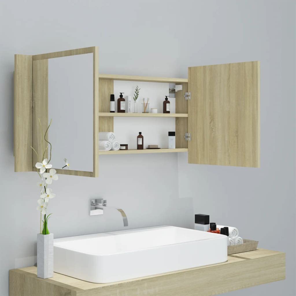 Szafka łazienkowa LED z lustrem dąb sonoma 100 x 12 x 45 cm akryl, szafki i przechowywanie, szafka pod umywalkę, szafki łazienkowe
