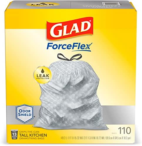 Glad ForceFlex Tall Kitchen Drawstring Trash Bags 13 Gallon Grey Trash Bag, Unscented 110 Count (Package May Vary)