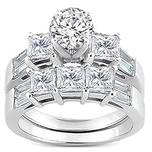 3.10 Carat (ctw) 14k White Gold Round, Princess & Baguette Diamond Ladies Bridal 3 Stone Engagement Ring With Matching Wedding Band Set 3 1/10 CT (Size 9)