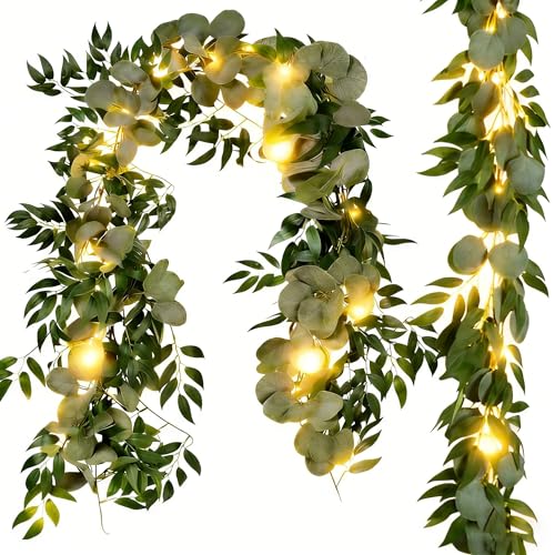 Image of Cekene 2 Pcs 13Ft Artificial Eucalyptus Garland with Willow Leaves 40 LED Lights Fake Hanging Greenery Vines Table Runner Garland Decorative Artificial Green Plants for Wedding Arch Wall Party Decor