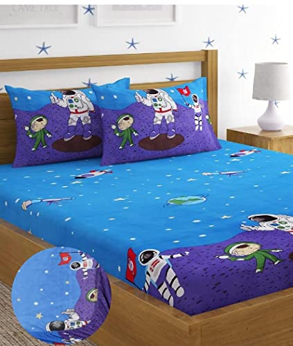 Image of Kids Space Astronaut Design Queen Size Elastic Fitted Bedsheet for Kids Room, Bedroom, Living Room, 90x100 inches, Set of 1 pc of Bedsheet & 2 Pillow Covers, Blue