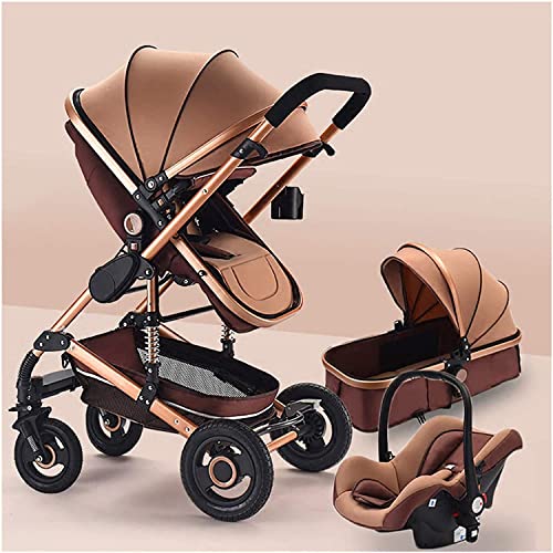 3 in 1 Infant Foldable Stroller Carriage Luxury Baby Stroller Shock Absorption Springs High View Pram Baby Stroller with Baby Basket,Travel System Buggy Baby Pushchair (Color : Khaki)