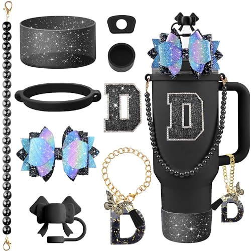 Hpebl 9PCS Black for Stanley Cup Accessories Set Bling Initials Bow Charms for Stanley Decorations 30/40 Oz Tumbler Accessories Including Bow Straw Topper, Handle Strap, Spill Stopper（Letter D） - image 1