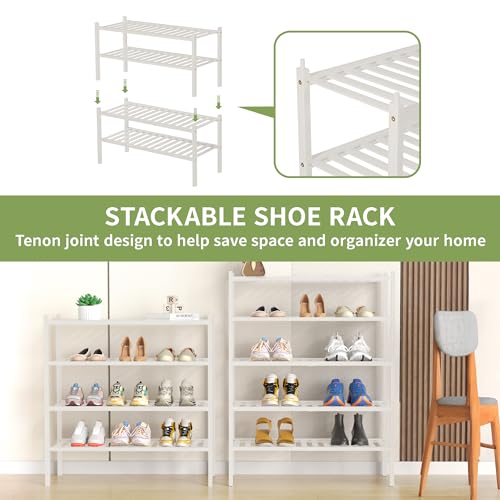 4 Tier Bamboo Shoe Rack for Closet Free Standing Wood Shoe Shelf for Entryway Small Space Stackable 27"x11"x26" (White)