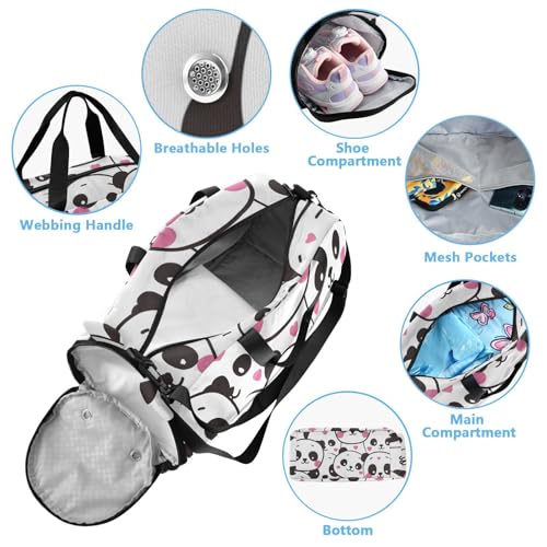 Duffle Bag Kids Gym Bag with Shoes Compartment & Wet Separation Overnight Travel Duffel Bag Panda Heads for Girl Boy4