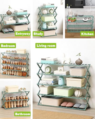 Image of Folding Bamboo Shoe Rack - No Installation Required, Ventilated Design, Durable and Versatile Shoe Organizer for Home, Kitchen, Closet(5 Tier Green)
