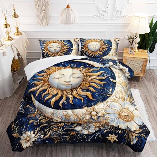 Image of AILONEN Sun and Moon Bedding Set Queen Size,Blue White Flower Exotic Boho Moon Comforter Set,Galaxy Soft 3Pcs Quilt with 2 Pillowcases