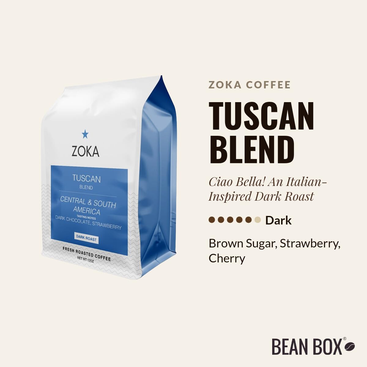 Tuscan Blend - Roasted by Zoka Coffee - Whole Bean Coffee - 12 Ounce Bag