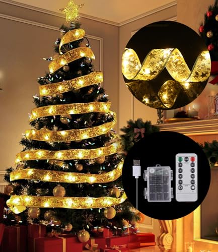 Xaosin Cinta Luminosa de Navidad 10M 100 LED Luces de Hadas Árbol de Navidad Alimentación por USB y Pilas Cinta Árbol Luces de Navidad Decoración para Árboles de Interior para Fiestas Navideños