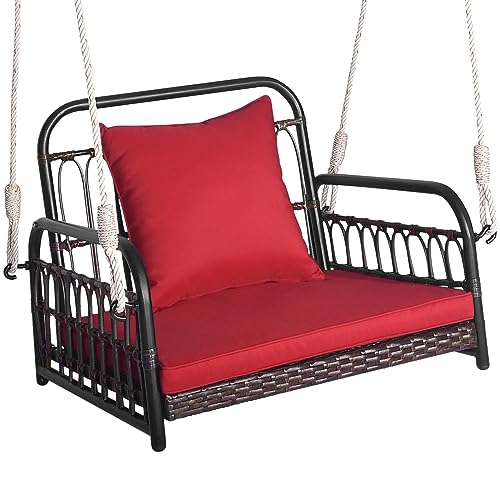 GIANTEX Hamaca colgante para exteriores, silla colgante de ratán y marco de metal, asiento colgante con respaldo y reposabrazos, sillón mecedora con cojín de asiento y respaldo, mecedora colgante con