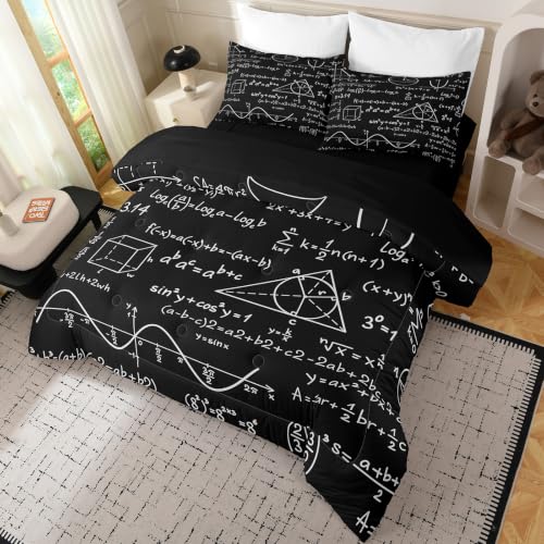 Image of NINENINE Math Formula Comforter Sets, Black Scientific Equation Formula Bedding 5PCS Twin Size Comforter Sets for Boys Teens (1Comforter, 1Flat Sheet, 1Fitted Sheet, 2Pillowcases)