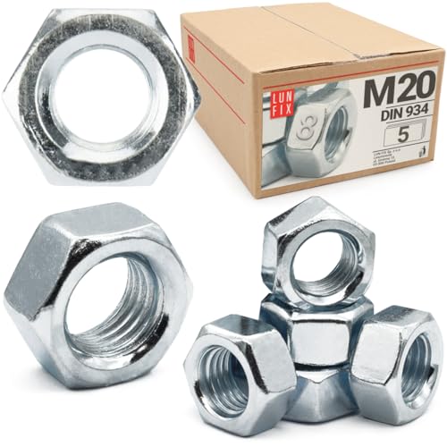 Écrou hexagonal M20, 5 Pièces, acier zingué DIN 934, filetage métrique standard, boulon 20 mm et tige filetée, fixation intérieure et extérieure
