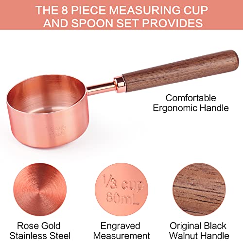 Onenax Measuring Cup And Spoon Set, 8Pc Set Rose Gold (Copper) Color Stainless Steel With Black Walnut Handle,4 Measuring Spoon + 4 Measuring Cup, Kitchen Accessories,Drinking And Baking Tools #TOP1