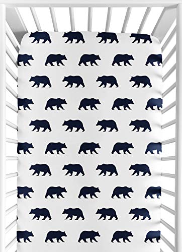 Image of Navy Blue and White Bear Print Baby or Toddler Fitted Crib Sheet for Big Bear Collection by Sweet Jojo Designs