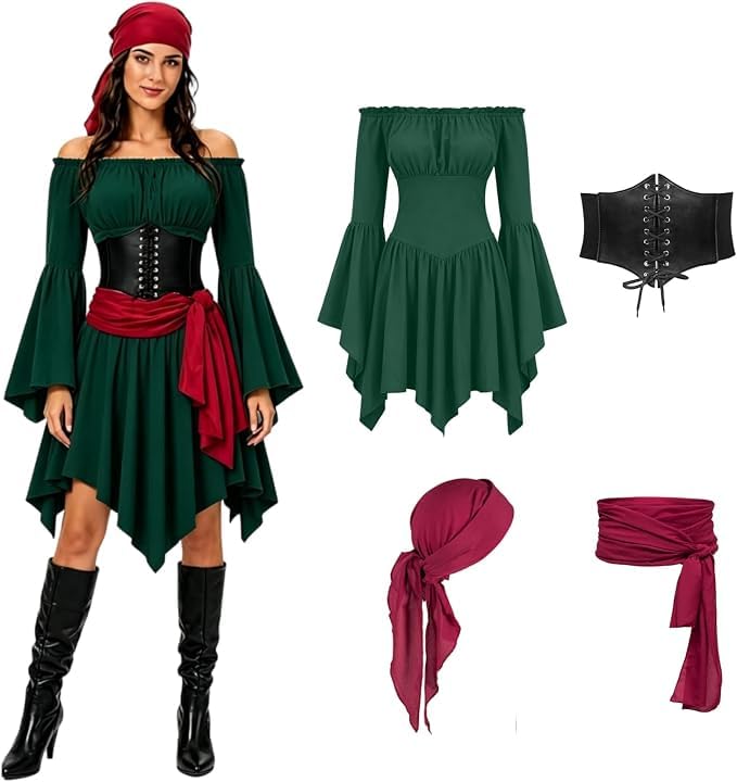 Womens Pirate Costume Adult 4 Pcs Pirate Costume Women 2026 Adults Halloween Costumes for Womens Fashion Fancy Dress Head Scarf Plus Size Caribbean Medieval Dress Outfits Clothing for Cosplay Party — image 1