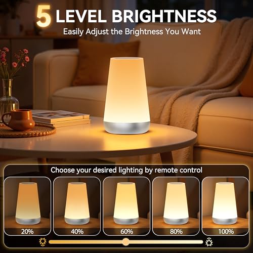 Image of Auxmir Rechargeable LED Night Light, Touch & Remote Control Bedside Lamp with 13 Colors, 5 Brightness Levels, Portable Table Lamp for Kids Baby Nursery, Bedroom, Bathroom, Camping, Silver