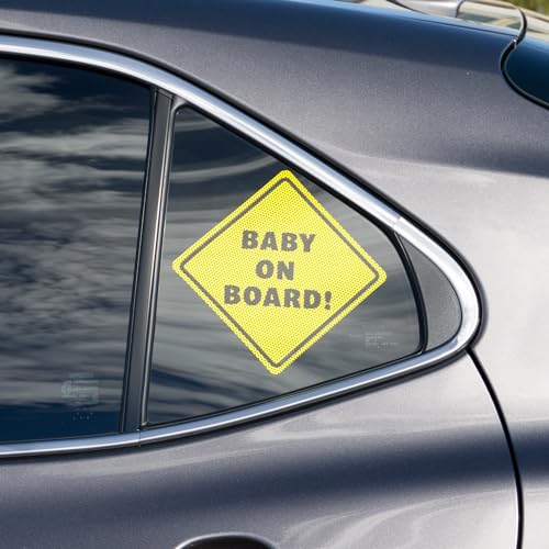 Image of Baby On Board Sticker Sign - Essential for Cars - 2 Pack, 5.5 inch by 5.5 inch - Bright Yellow and See-Through On Window - Best Safety Signs - No Need for Suction Cup or Magnet - Durable and Strong Adhesive