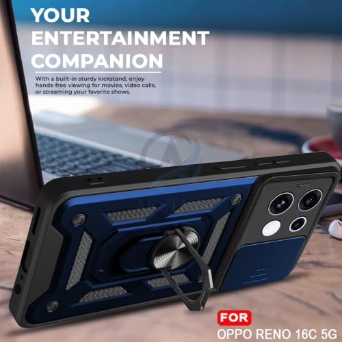 Image of AESTMO Tough Armor Oppo Reno 16C 5G Bumper Back Case Cover | Ring Holder & Sliding Camera Shield Cover | 360 Degree Protection Back Case Cover for Oppo Reno 16C 5G (Blue)