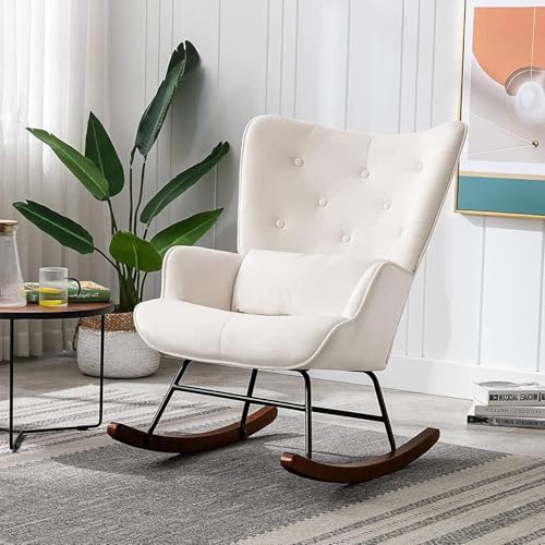 HomeMiYN Skandinavischer Schaukelstuhl Samt mit Metallgestell und Holzsockel Retro Sessel Polstersessel für Wohnzimmer Relaxstuhl für Wohnzimmer Schlafzimmer Kinderzimmer Freizeit (Beige)