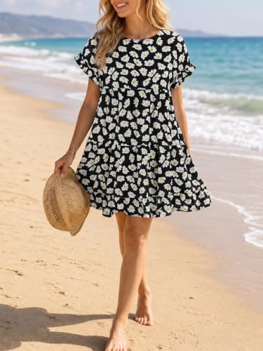 Image of Chuanqi Womens Ruffles Boho Floral Printed Babydoll Loose Swing Casual Short Mini T-Shirt Dress