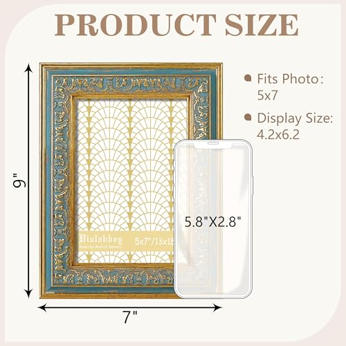 Image of VIOLABBEY 5x7 Picture Frame Blue, Vintage Photo Frames Ornate without Mat | Antique Photo Frame, Wall Hanging or Tabletop Display, HD Plexiglass, Wall Decor
