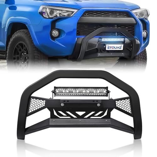 Image of Bull Bar with License Plate Frame & LED Light Bar Compatible with 2010-2024 Toyota 4 Runner, Truck Grille Guard Brush Push Bar Front Bumper (Include Light Mount & Skid Plate)