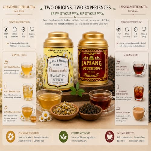 Image of Sancha Tea Boutique, Tea Combo Pack: Chamomile Flower, 50g Caffeine Free Herbal & Smoked Lapsang Souchong (Russian Caravan) Teas, 50g Loose Leaves