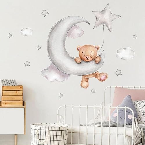 Miniatura 3 de Enfudid - 2 calcomanías de pared de oso de peluche durmiendo en la luna y estrellas para habitación de niños, habitación de bebé, habitación de