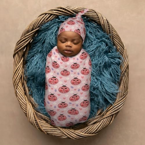 Image of Ladybugs Hearts Flowers Newborn Swaddle Blankets Hat Sets Soft Baby Receiving Blanket Swaddle Sack for Baby Shower Infant Boy Girl Gift
