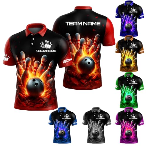 NAZENTI Personalized Bowling Polo Shirt Custom 3D Jersey with Team Name, Matching Outfits for Couples or Teams, Unisex Bowling Uniform for Men Women, Birthday Christmas Idea