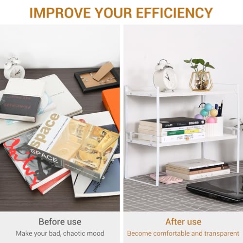 Image of Desk Shelf Organizer for Top of Desk, Detachable 2 Tier Desktop Bookshelf, Wooden Desk Shelves Storage Rack, Small Desktop Shelf for Office Home Dorm, Tabletop Desk Organizer Stand (White+White)
