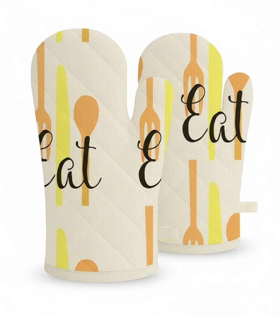 Oven Mitts (Set of 2) | Heat Resistant Oven Gloves Kitchen, Safe for Baking, BBQ, Grilling | Gloves for Baking | Soft & Durable | Machine Washable | Classic Kitchen Cutlery Design