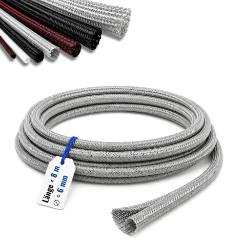 Image of COOP Cable Sleeve Diameter 6 mm x 8 m Silver - Self-Closing Fabric Hose, Cable Protection Can Be Cut to Size, Flexible Cable Duct, Cable Management for TV, Computer, Home Cinema, Vehicle and Desk