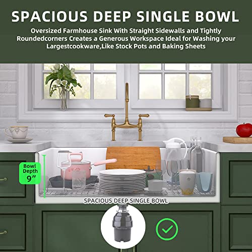 Tuktuk White Farmhouse Sink 36 Inch Fireclay Apron Front Farm Sink Single Bowl Kitchen Sinks Deep Large Capacity Porcelain Ceramic Sink Undermount Luxury Bottom Grid & Strainer Drain Included #TOP1