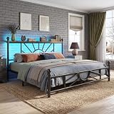 Homkdom 1300lbs Heavy Duty Queen Bed Frame with LED Headboard & Storage Shelf, Noise-Free Metal Mattress Foundation, Under-Bed Storage for Living Room/Rental House, Black
