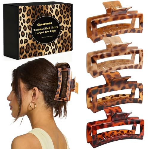 4 PCS 5 Inch Extra Large Claw Clip for Women, Tortoise Shell Jumbo Large Claw Clips for Thick Long Curly Hair, Rectangle Non-slip Hair Clips for Trucker Hat, Square Durable Hair Accessories for Hat