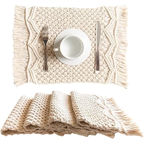 SnugLife Macrame Placemats Set of 4 - Handmade Cotton Woven Boho Placemats - Modern Farmhouse Fringe Placemats for Dining Table, Kitchen, Bohemian Wedding Décor, Rustic Natural Off White, 12”x20” Cover