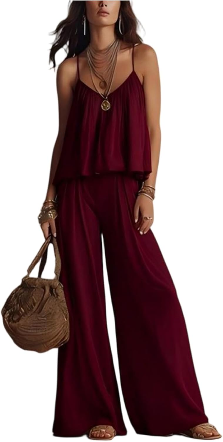 Linen Sets for Women 2 Piece Vacation Crew Neck Camisole Tops Wide Leg Linen Pants Set Gauze Summer Matching Sets